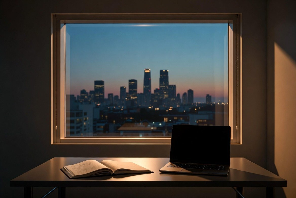 Research notes against a city skyline